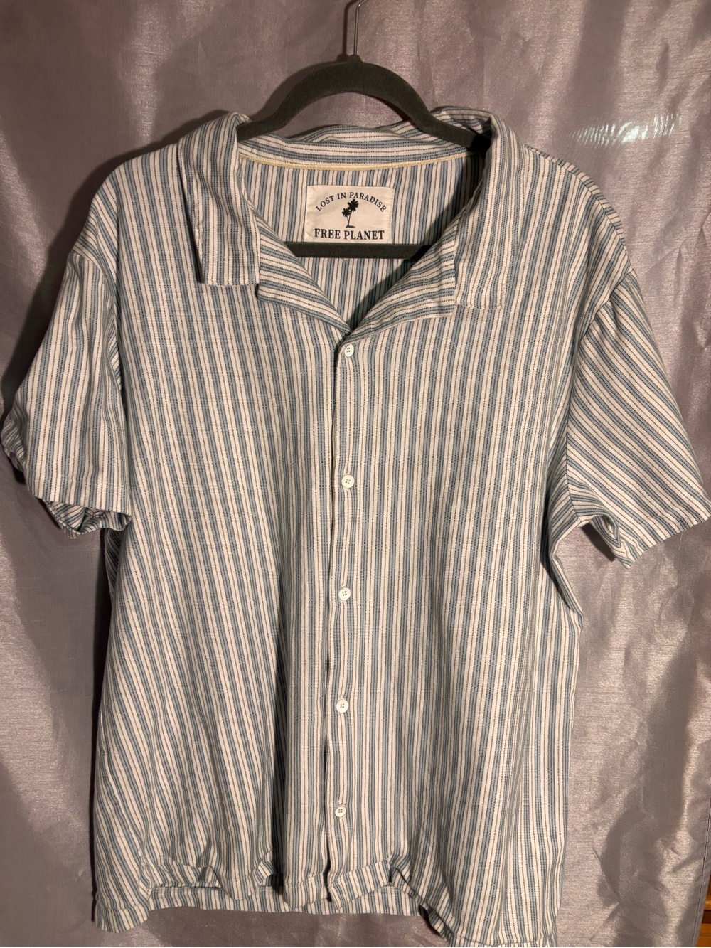 Free Planet Men's Blue & White Striped Short Sleeve Camp Shirt
